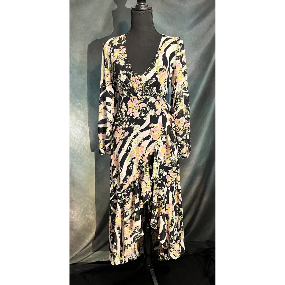Guess Floral Zebra Print‎ Dress Long Sleeve High Low Party Cocktail Size XS